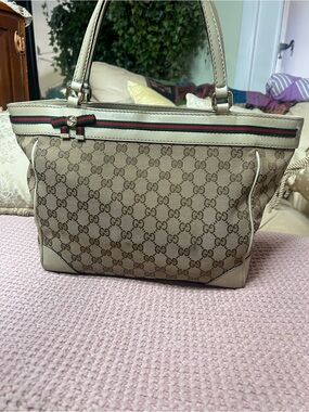 Gucci Mayfair GG Canvas Web Bow Tote – Ivory Leather Trim
